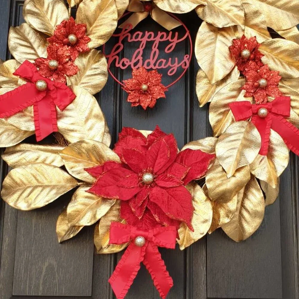 Christmas Handmade Red Flower Gold Wreath Home Office Decor Door Wall Hanger